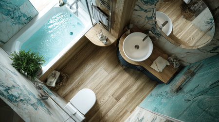 Bright tiny bathroom with marble tiles, narrow tub and round corner-mounted sinkの素材