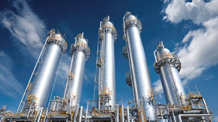 Array of vertical steel distillation columns used to extract gases and liquids from crude oilの素材