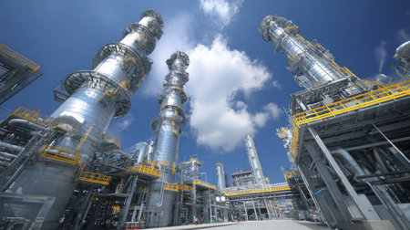 Clean processing area in petrochemical complex showing multiple tall distillation towersの素材