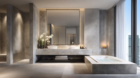 Bright and efficient bathroom with a tiny square tub, floating sink, and mirrored storageの素材