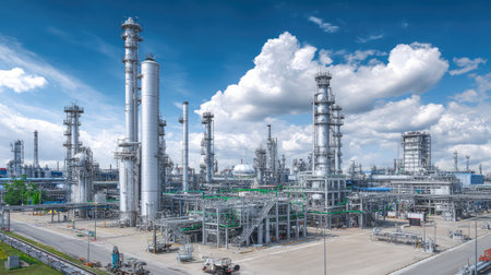 Clean processing area in petrochemical complex showing multiple tall distillation towersの素材