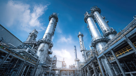 Clean processing area in petrochemical complex showing multiple tall distillation towersの素材