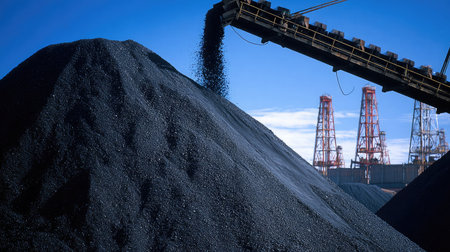 Close-up of conveyor belt spilling coal onto a massive black pile, set against blue sky and steel supportsの素材