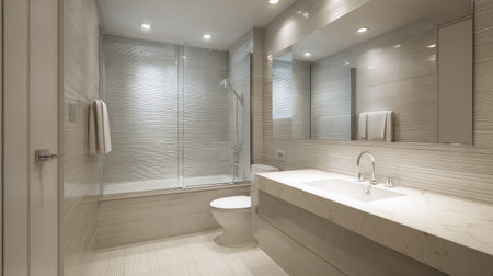 Bright tiny bathroom with custom tub enclosure and floating sink, modern minimalist vibeの素材