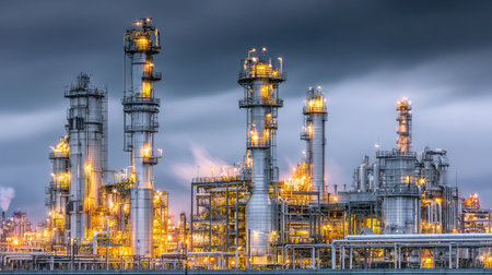 Chemical plant with shining metallic columns and connecting pipelines for efficient crude oil distillationの素材