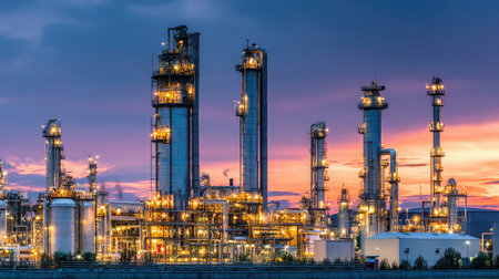 Chemical plant with shining metallic columns and connecting pipelines for efficient crude oil distillationの素材
