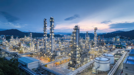 Clean processing area in petrochemical complex showing multiple tall distillation towersの素材