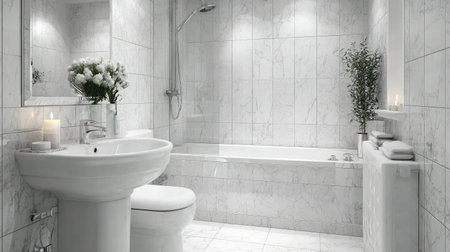 Bright tiny bathroom with marble tiles, narrow tub and round corner-mounted sinkの素材