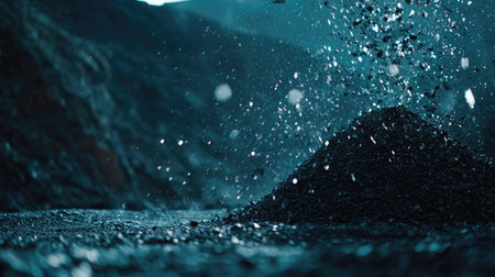 Coal belt stretches across frame with particles falling onto massive dark pile in mining zoneの素材