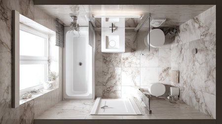 Bright tiny bathroom with marble tiles, narrow tub and round corner-mounted sinkの素材