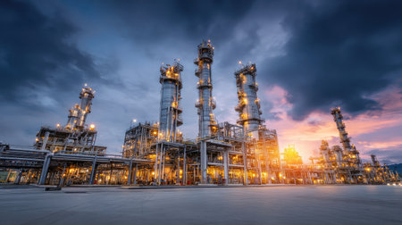 Chemical plant with shining metallic columns and connecting pipelines for efficient crude oil distillationの素材