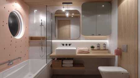 Bright and efficient bathroom with a tiny square tub, floating sink, and mirrored storageの素材