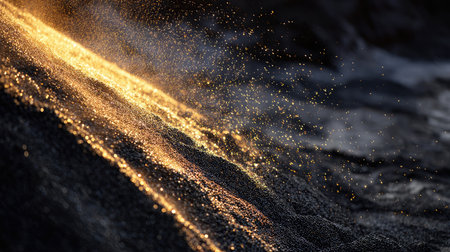 Coal belt stretches across frame with particles falling onto massive dark pile in mining zoneの素材