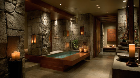 Compact luxury bathroom with stone wall accents, built-in tub and elegant sink fixtureの素材