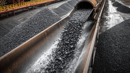 Conveyor belt system spilling coal down a chute into tall, steeply sloped pileの素材