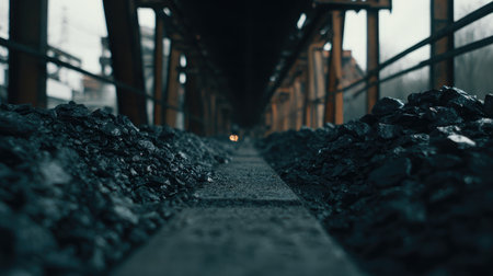 Dynamic shot of moving conveyor above layered coal pile and support beams in backgroundの素材