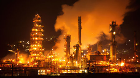 Distant shot of refinery towers emitting light vapor from refined crude oil extractionの素材