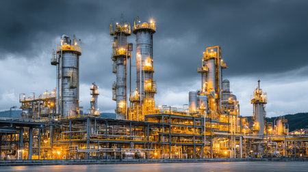 Crude oil processing plant with modern towers extracting gasoline, diesel, and petrochemicalsの素材