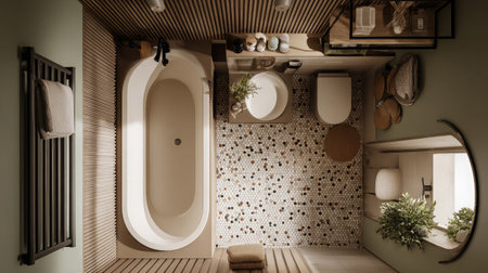 Earth-toned compact bathroom with narrow tub, oval sink and vertically arranged shelvesの素材