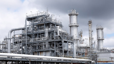 Distillation towers with visible ladders, catwalks, and insulated conduits processing raw oilの素材