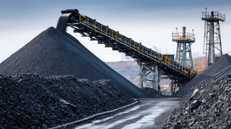 Conveyor belt system spilling coal down a chute into tall, steeply sloped pileの素材