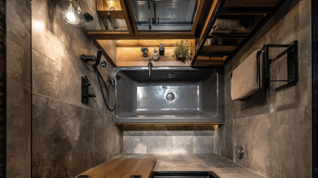 Compact loft-style bathroom with compact rectangular tub and integrated sink shelvingの素材