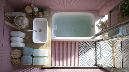 Elegant small-space bathroom with ceramic sink and mini bathtub, organized with vertical storageの素材