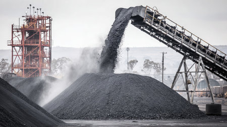 Conveyor pours black coal onto dust-covered pile during active mining operationの素材