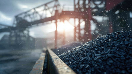 Daylight scene with belt feeding coal onto industrial pile with metal scaffolding in backgroundの素材