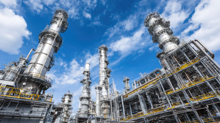 Distillation towers with visible ladders, catwalks, and insulated conduits processing raw oilの素材