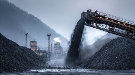 Dusty coal chute from moving conveyor pours material in industrial mining landscapeの素材