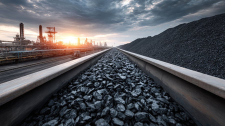 Conveyor belt system moves dusty black fuel onto growing coal heap beside gravel yardの素材