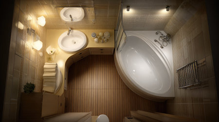 Corner bathroom layout with wall sink, inset tub, and soft lighting from aboveの素材