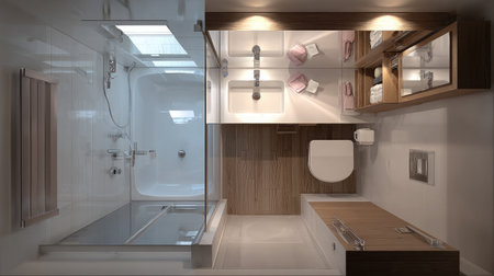Compact loft-style bathroom with compact rectangular tub and integrated sink shelvingの素材