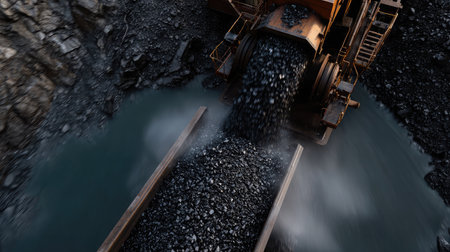 Conveyor belt system in motion, releasing dark coal onto storage pile at mining facilityの素材