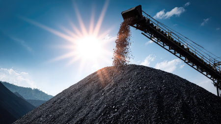 Conveyor framework moving coal onto pyramid-shaped mound under bright sunlight and blue skiesの素材