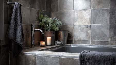 Elegant tiled bath with minimalist sink, compact tub, and metal space-saving accessoriesの素材