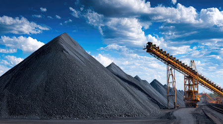 Conveyor framework moving coal onto pyramid-shaped mound under bright sunlight and blue skiesの素材