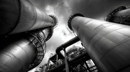 Distillation towers with visible ladders, catwalks, and insulated conduits processing raw oilの素材