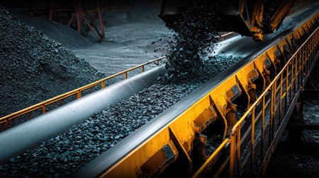 Conveyor belt system in motion, releasing dark coal onto storage pile at mining facilityの素材