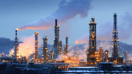 Distant shot of refinery towers emitting light vapor from refined crude oil extractionの素材