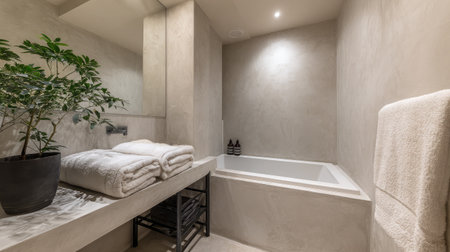 Elegant tiled bath with minimalist sink, compact tub, and metal space-saving accessoriesの素材