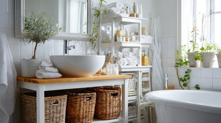 Elegant small-space bathroom with ceramic sink and mini bathtub, organized with vertical storageの素材