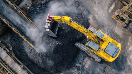 Detailed industrial machinery system loading black coal onto storage pile with mechanical arm and conveyorの素材