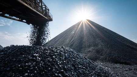 Conveyor framework moving coal onto pyramid-shaped mound under bright sunlight and blue skiesの素材