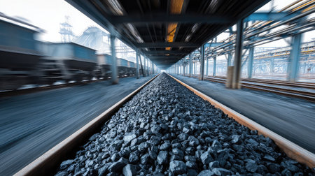 Dynamic shot of moving conveyor above layered coal pile and support beams in backgroundの素材
