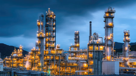 Crude oil processing plant with modern towers extracting gasoline, diesel, and petrochemicalsの素材