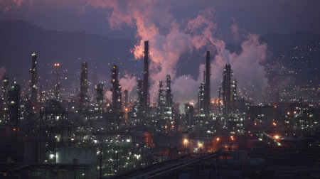 Distant shot of refinery towers emitting light vapor from refined crude oil extractionの素材