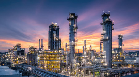 Crude oil processing plant with modern towers extracting gasoline, diesel, and petrochemicalsの素材