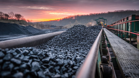 Conveyor belt system moves dusty black fuel onto growing coal heap beside gravel yardの素材